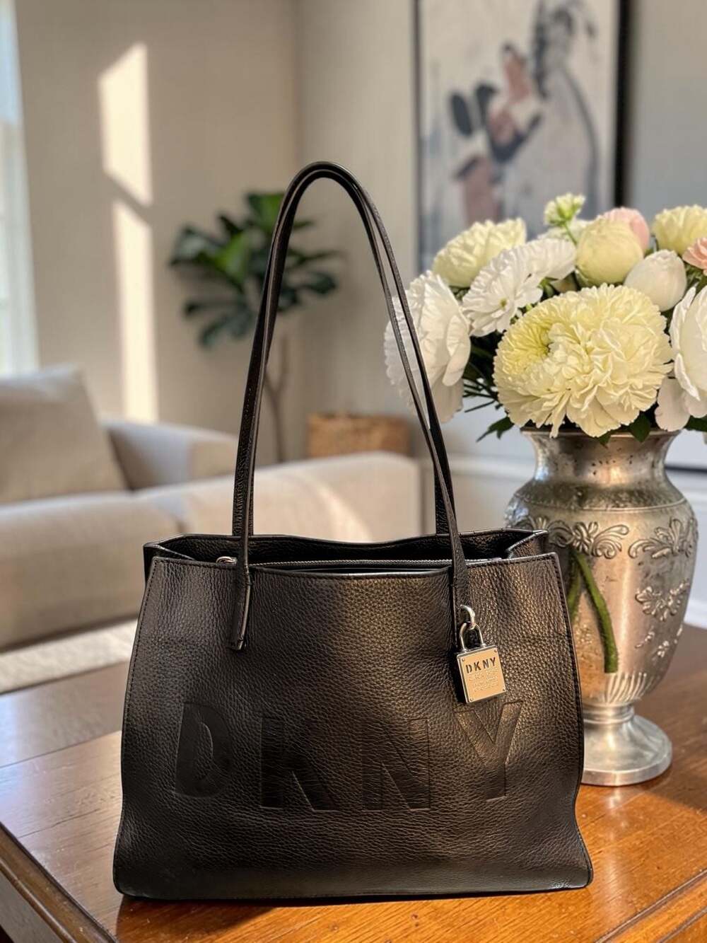 DKNY Black Pebbled Leather Tote Bag with Large Embossed Logo and Padlock Charm
